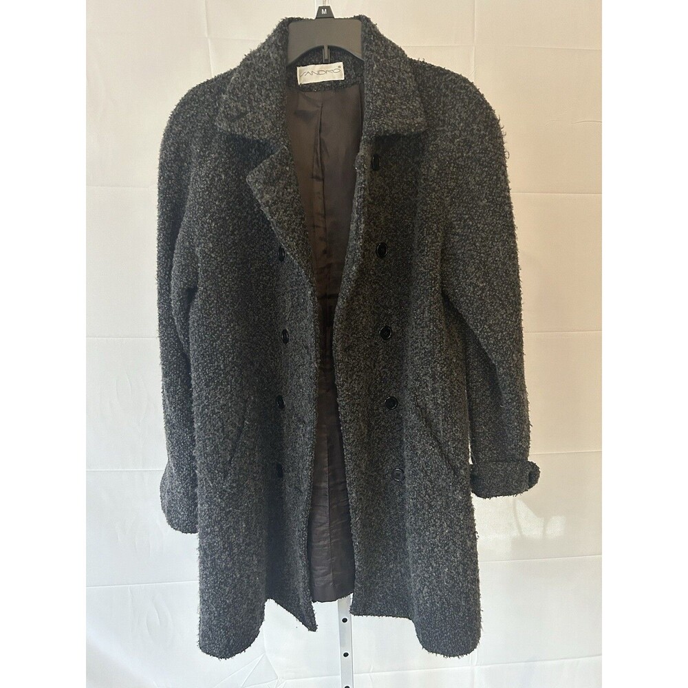 Vintage Sandro Wool Blend Women’s Double Breasted Tweed Coat Dark Grey Size L/XL